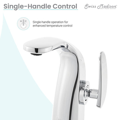 Single-handle bathroom faucet in chrome, sleek curved spout and lever handle design.