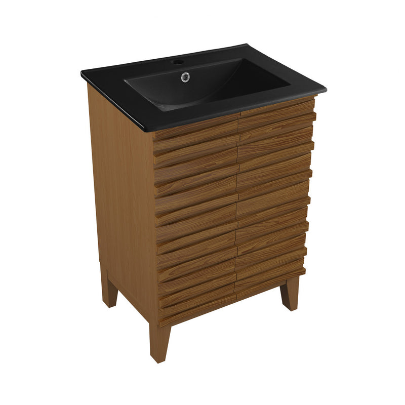 Cascade 24 in. Brown Oak Bathroom Vanity With Black Ceramic Sink Top