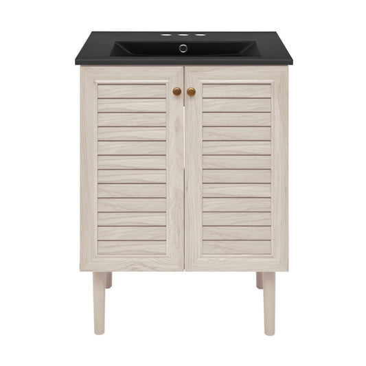 Bron 24" Freestanding Bathroom Vanity in White Oak with Black 3-Hole Centerset Sink Top