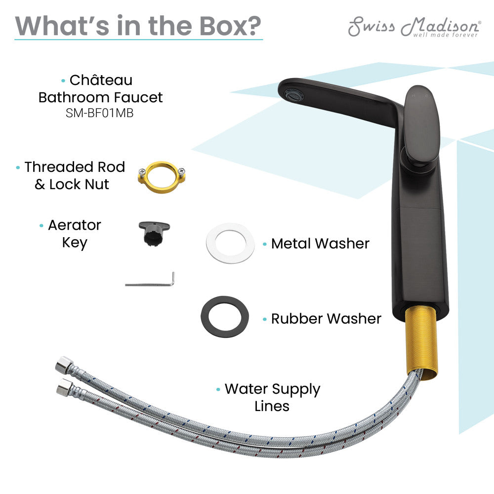 Single-handle high arc bathroom faucet in matte black with threaded rod, lock nut, washers, key, and water supply lines.