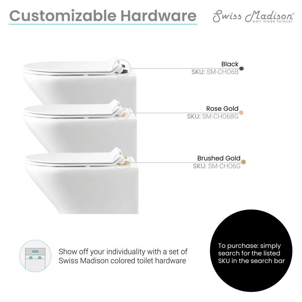 Monaco wall-hung round toilet bowl in white with customizable black, rose gold, or brushed gold hardware options.