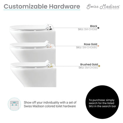 Monaco wall-hung round toilet bowl in white with customizable black, rose gold, or brushed gold hardware options.