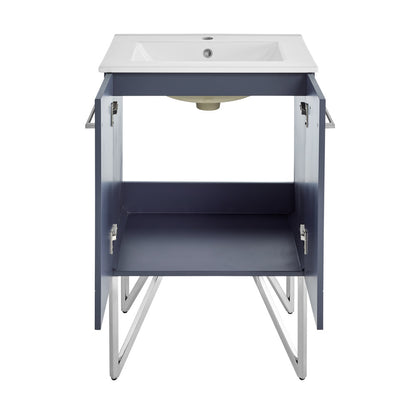 24-inch freestanding bathroom vanity in purple with single sink and soft-close doors.