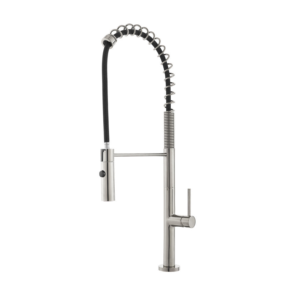 Pull-down kitchen faucet in brushed nickel, single handle with spring coil spout.