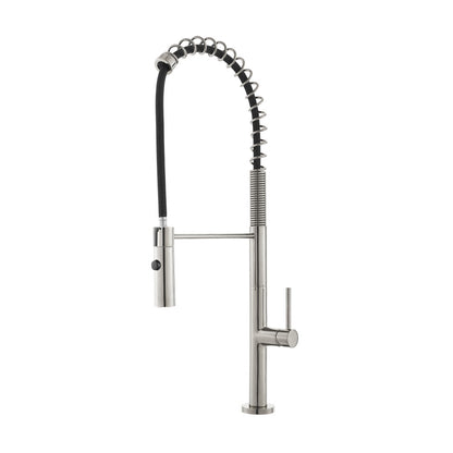 Pull-down kitchen faucet in brushed nickel, single handle with spring coil spout.