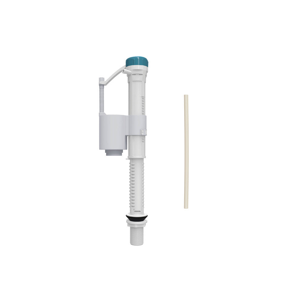 Fill valve for toilet, white plastic with adjustable float and refill tube.