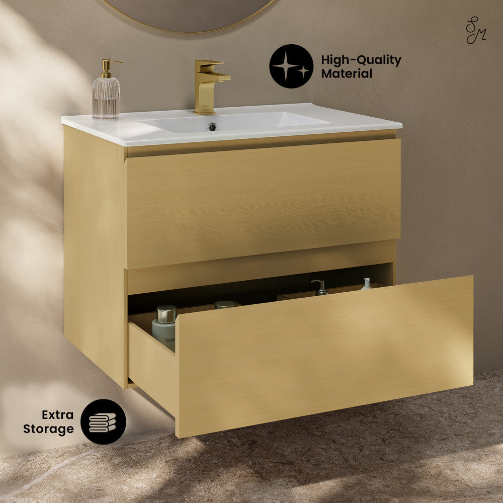 Liberte 30" Wall-Mounted Bathroom Vanity in Natural Oak with Sink Top