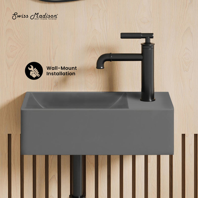 Lisse 16" Concrete Rectangle Wall-Mounted Sink with Right Side Faucet Mount in Matte Dark Gray