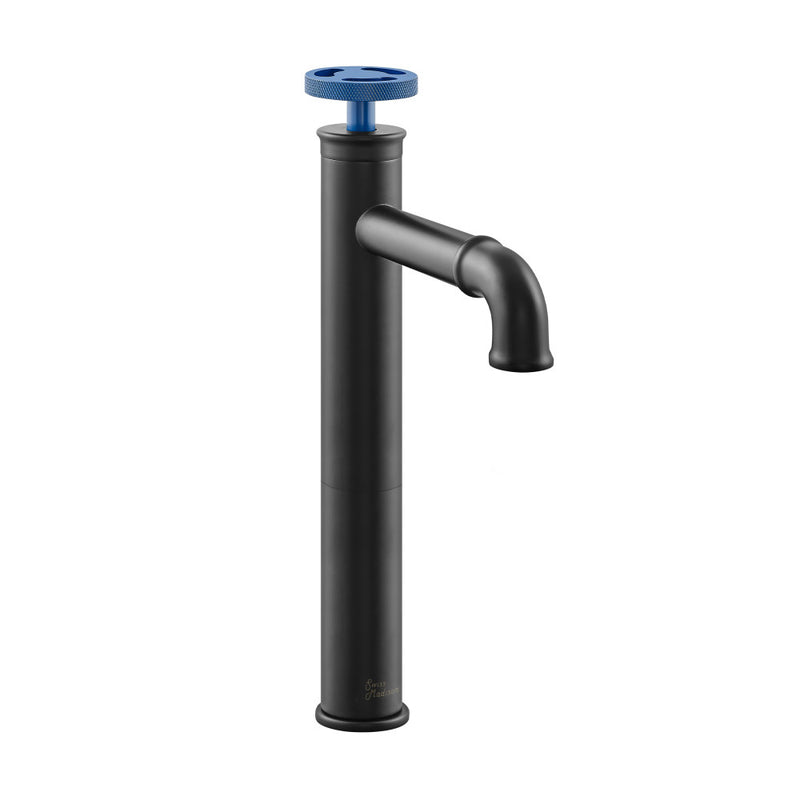 Avallon Single Hole, Single-Handle Wheel, High Arc Bathroom Faucet in Matte Black with Blue Handles