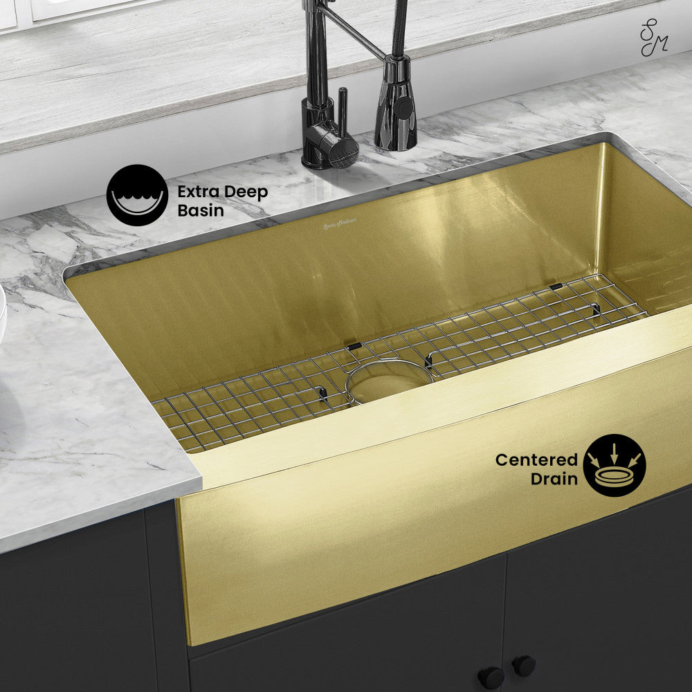 Rivage 36 x 21 Stainless Steel, Single Basin, Farmhouse Kitchen Sink with Apron in Gold