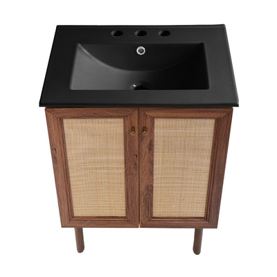 Classe 24 in. Brown Oak Bathroom Vanity With Black, 3-Hole Ceramic Sink Top