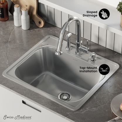 Ouvert 25 x 22 Stainless Steel, Single Basin, Top Mount Kitchen Sink