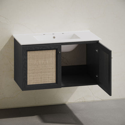 Classe 36" Wall-Mounted Bathroom Vanity in Black Oak with Widespread Faucet Holes Vanity Top