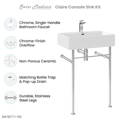 Claire 24" Rectangle Console Sink with Faucet, Drain, P-trap included, with Chrome Legs