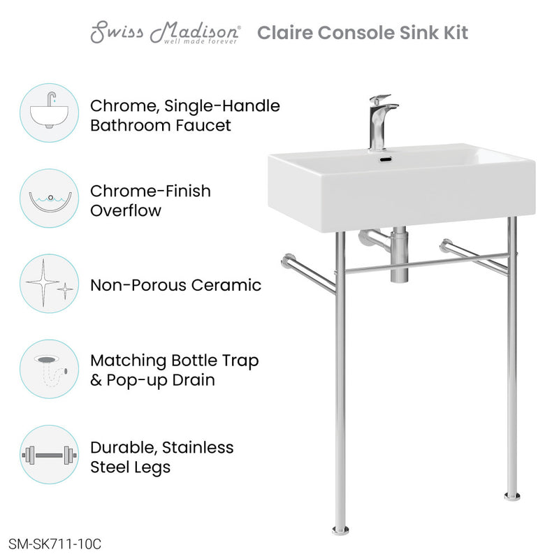 Claire 24" Rectangle Console Sink with Faucet, Drain, P-trap included, with Chrome Legs