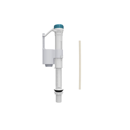 Toilet fill valve replacement part in white plastic with blue top and adjustment rod.