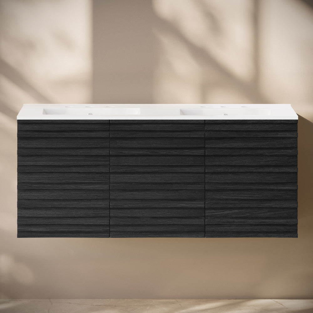 Cascade 48" Wall-Mounted Bathroom Vanity in Black Oak with 3-Hole Widespread Double Basin Sink Top