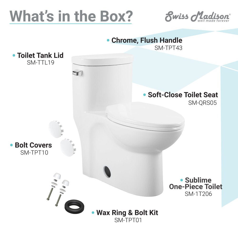 Elongated one-piece toilet with left side chrome flush handle and soft-close seat, 1.28 gpf.