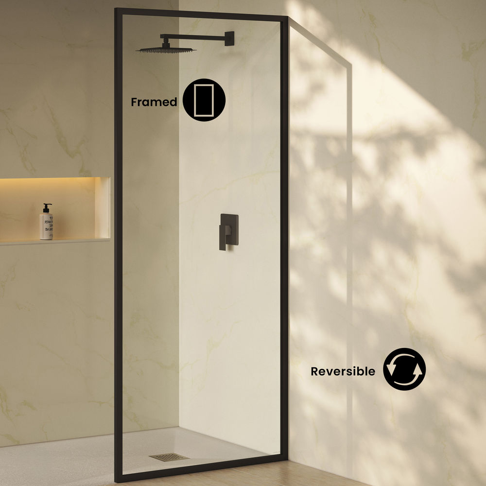 Pierre 34 x 76 Framed Fixed 3/8 in. (10mm) Clear Tempered Glass Shower Door with Matte Black Frame