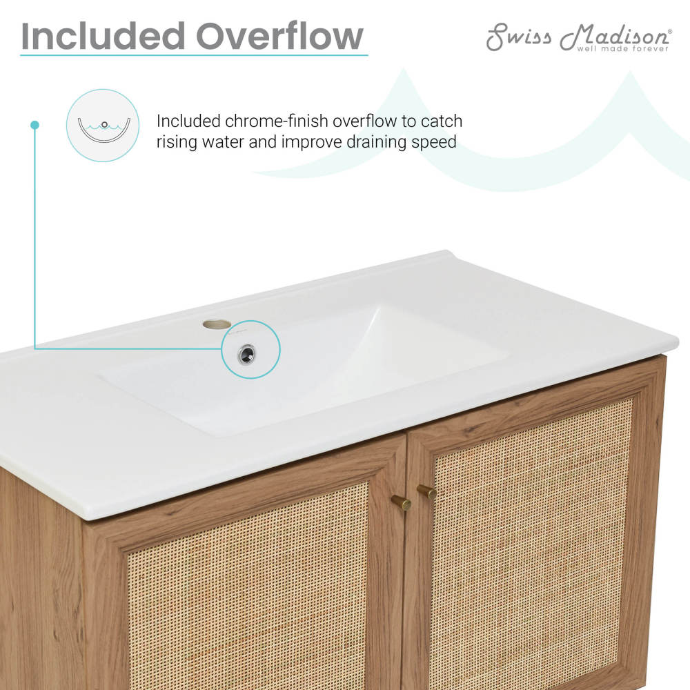 36-inch wall-mounted oak bathroom vanity with single white integrated sink and soft-close doors.