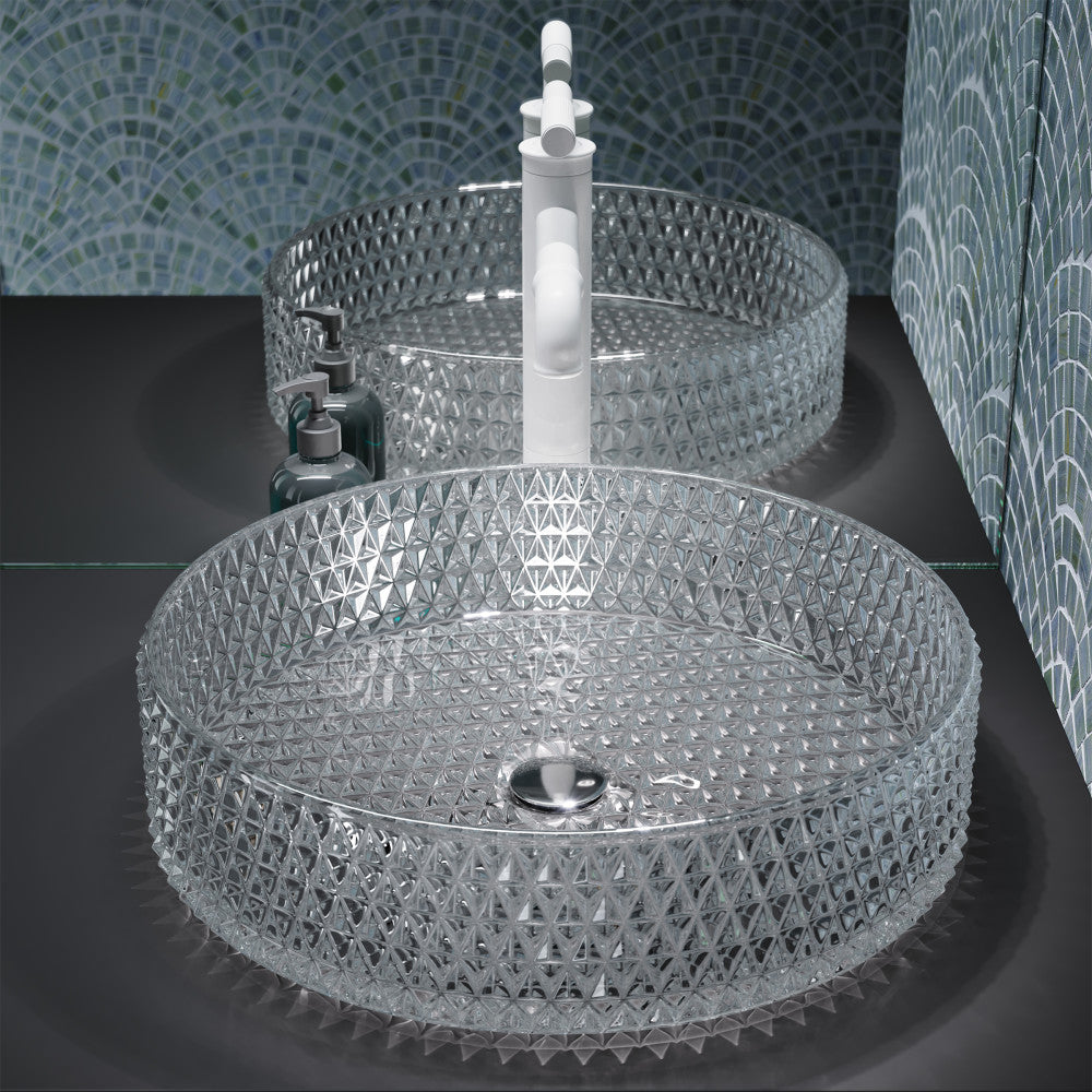 15.75" round glass vessel sink with diamond-pattern texture and center drain.
