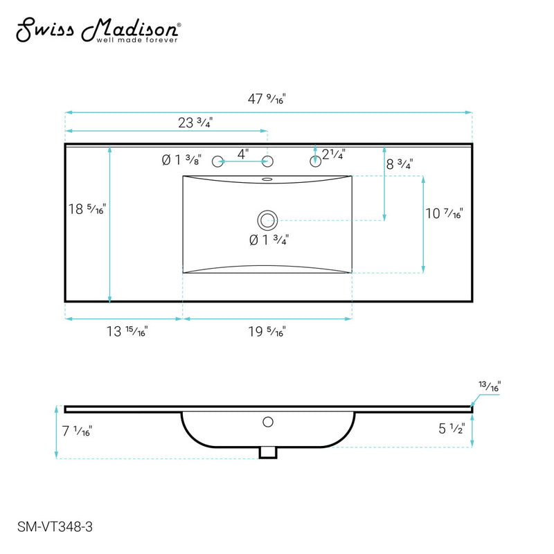 48" 3-Hole Widespread Vanity Sink Top in Glossy White