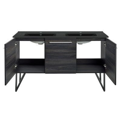 Annecy 60 in. Black Walnut, Double Basin Bathroom Vanity With Black Artificial Stone Sink Top