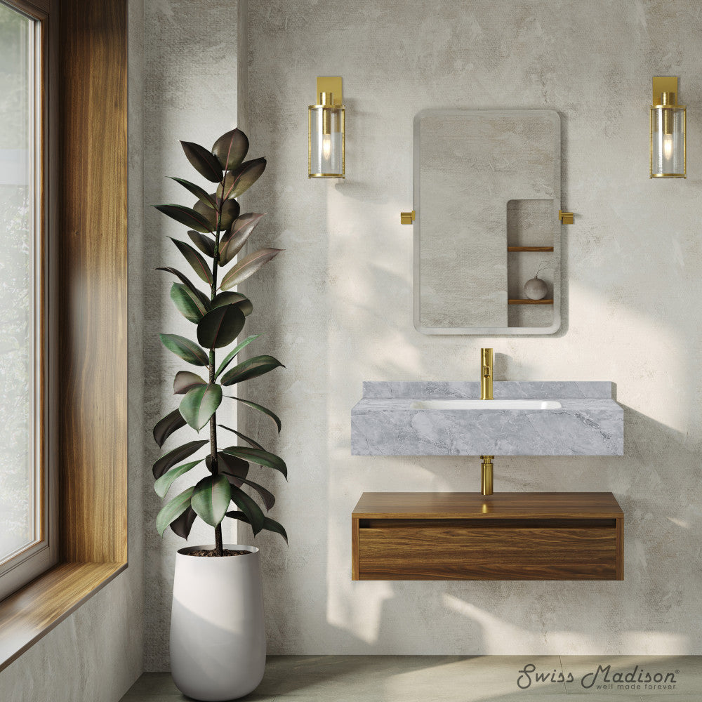 Avancer 36" Wall-Mounted Bathroom Vanity in Brown Oak with Storm Gray Sink Top