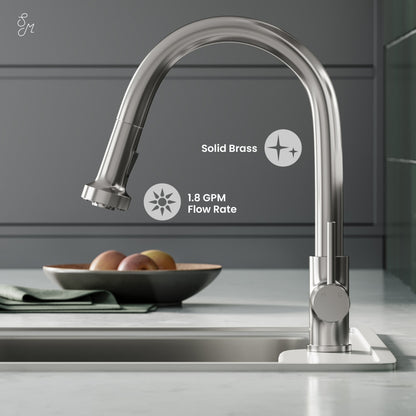 Single-handle pull-down kitchen faucet in brushed nickel with high-arc spout and solid brass construction.