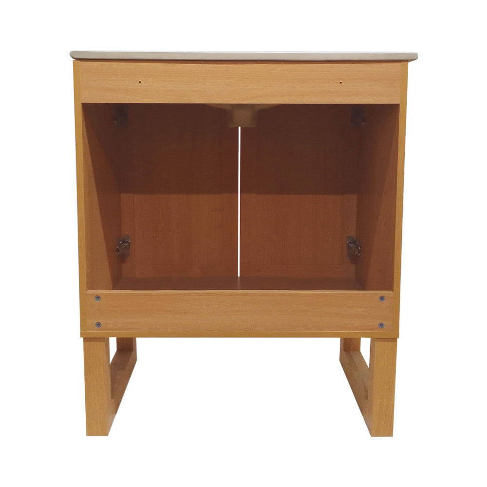 30-inch freestanding bathroom vanity in natural oak with single sink and open cabinet below.