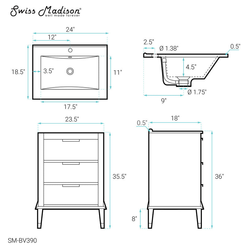 Hugo 24" Freestanding Bathroom Vanity in Brown Oak with Sink Top