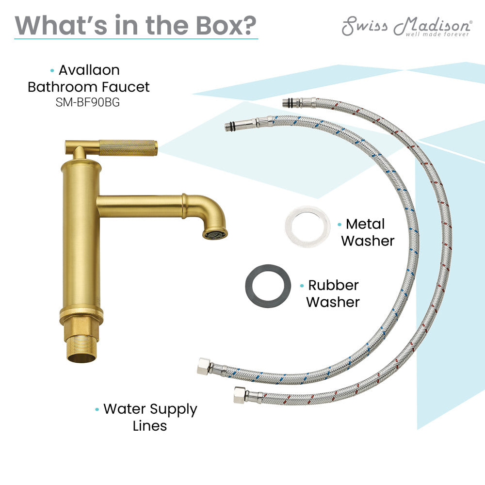Single-handle bathroom faucet in brushed gold with metal and rubber washers and water supply lines.