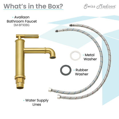 Single-handle bathroom faucet in brushed gold with metal and rubber washers and water supply lines.