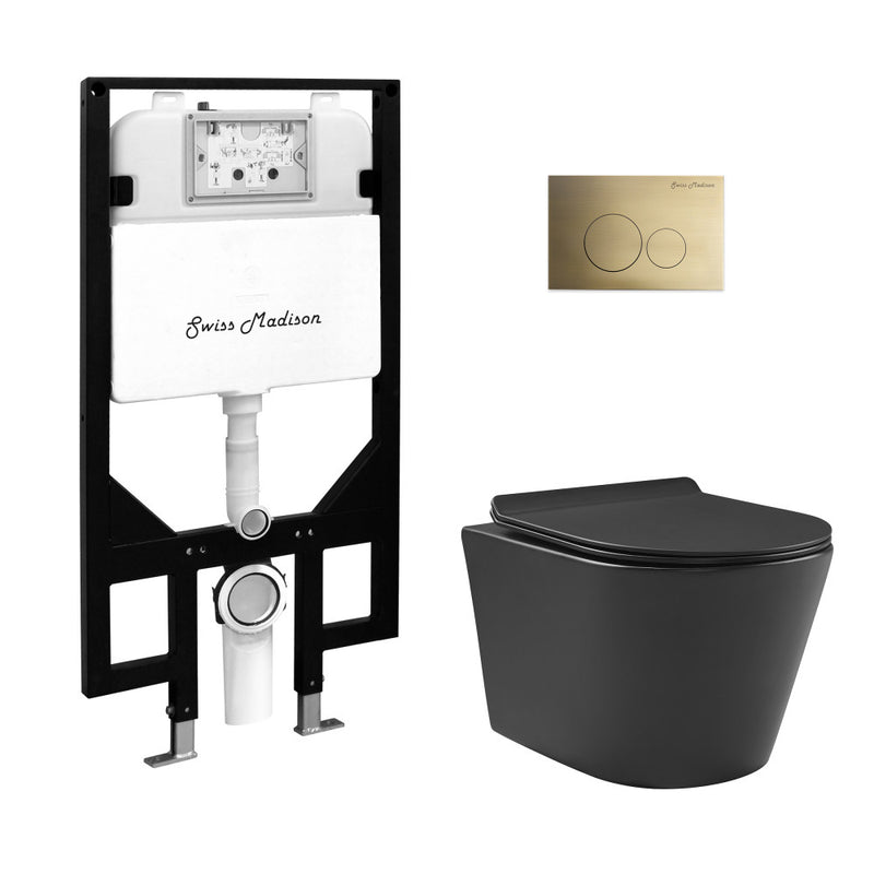 Calice Wall-Hung Toilet Bundle 0.8/1.6 GPF Dual Flush in Matte Black with Brass Flush Plate