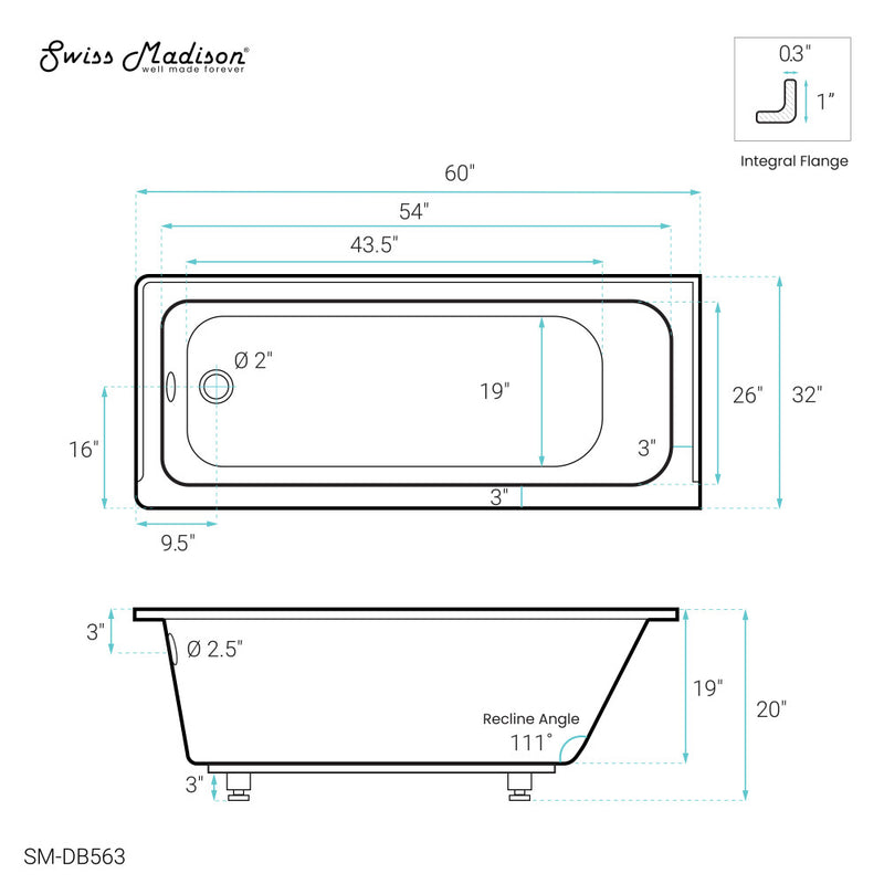 Voltaire 60" x 32" Left-Hand Drain Alcove Bathtub