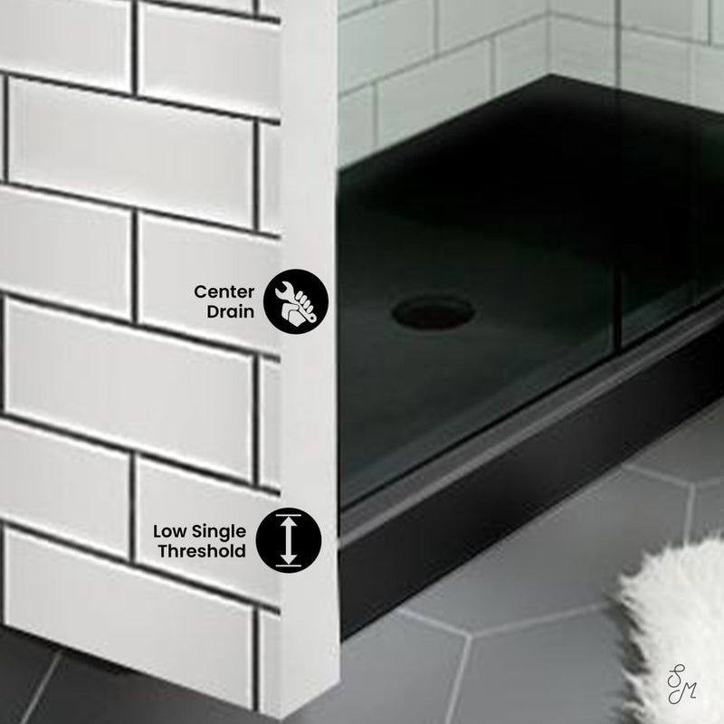 Voltaire 60" x 30" Acrylic Black, Single-Threshold, Center Drain, Shower Base