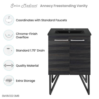 Annecy 24 in. Black Walnut Bathroom Vanity With Black, 3-Hole Ceramic Sink Top