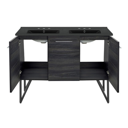 Annecy 48 in. Black Walnut, Double Basin Bathroom Vanity With Black, 3-Hole Ceramic Sink Top