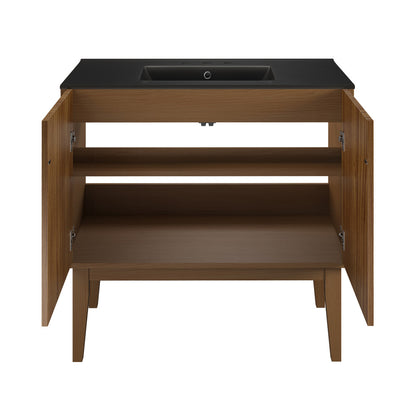 Bosse 36" Freestanding Bathroom Vanity in Brown Oak with Black 3-Hole Widespread Sink Top