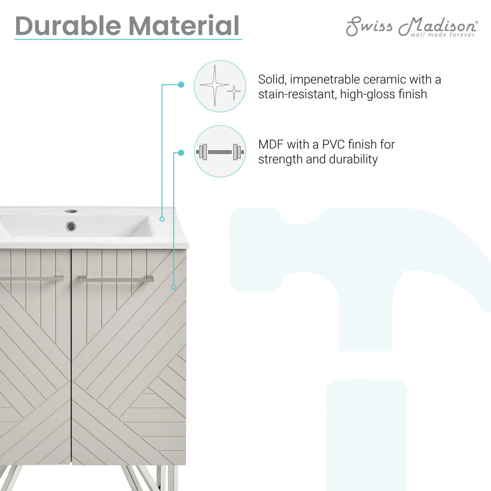 24-inch freestanding bathroom vanity in greige, single sink, soft-close doors.