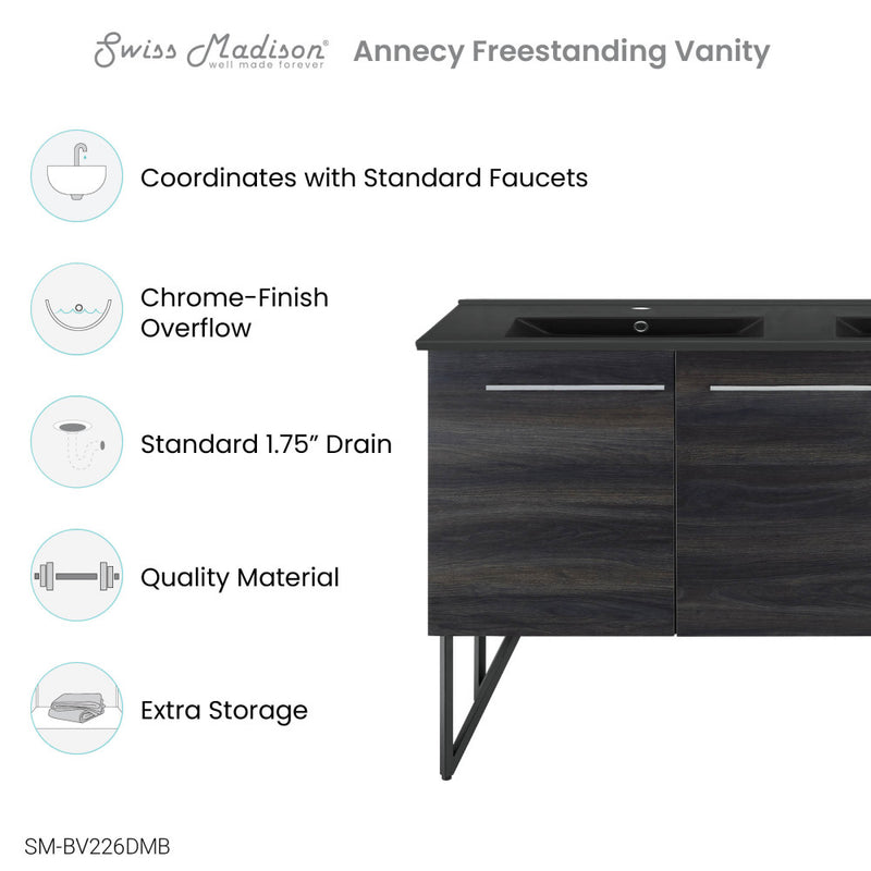 Annecy 60 in. Black Walnut, Double Basin Bathroom Vanity With Black Artificial Stone Sink Top