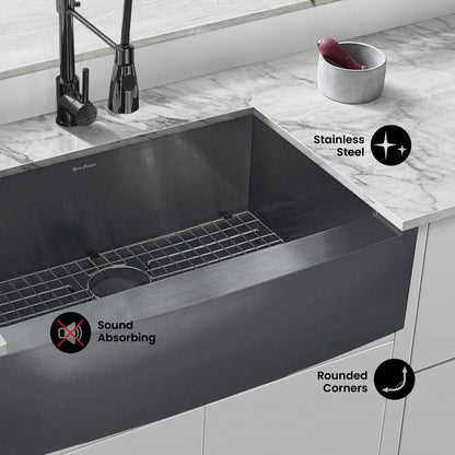 Rivage 30 x 21 Stainless Steel, Single Basin, Farmhouse Kitchen Sink with Apron in Black