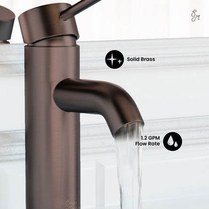 Single-handle bathroom faucet in oil rubbed bronze with curved spout and lever handle.