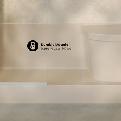 Aquatique 60" x 32" Single Threshold Shower Base With Left Hand Drain and Integral Right Hand Seat in Biscuit