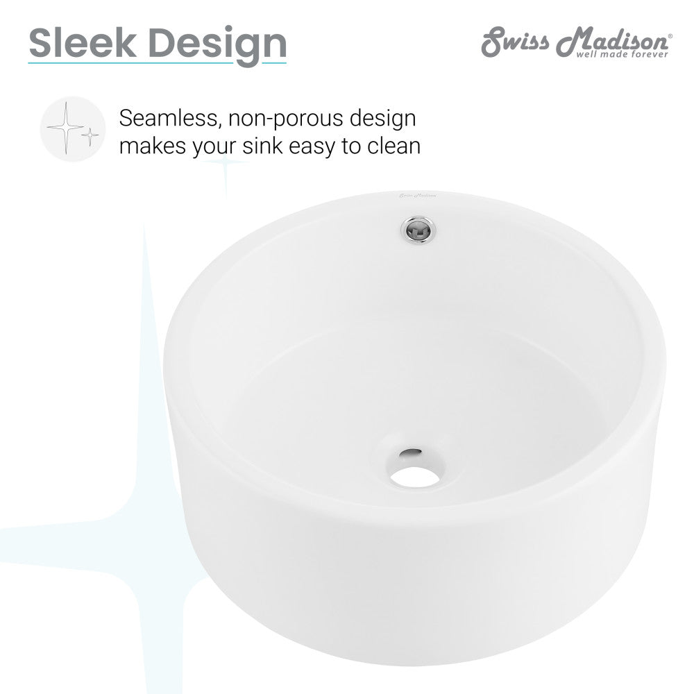 16.5-inch round vessel sink in matte white with seamless, non-porous design.