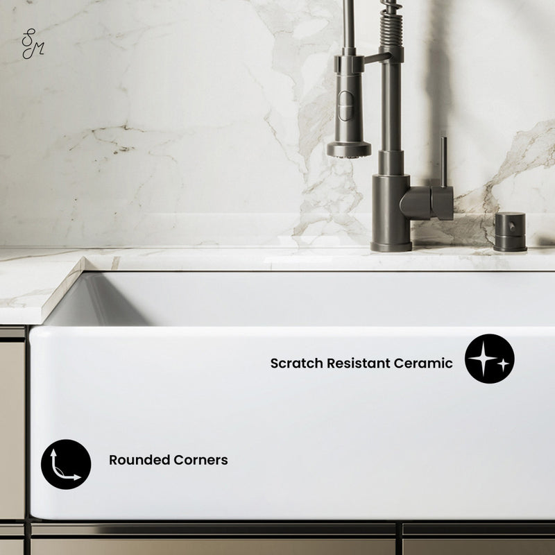 Elegance 36" x 20" Single Basin Fireclay Farmhouse Kitchen Sink in Glossy White with Stainless Steel Grid