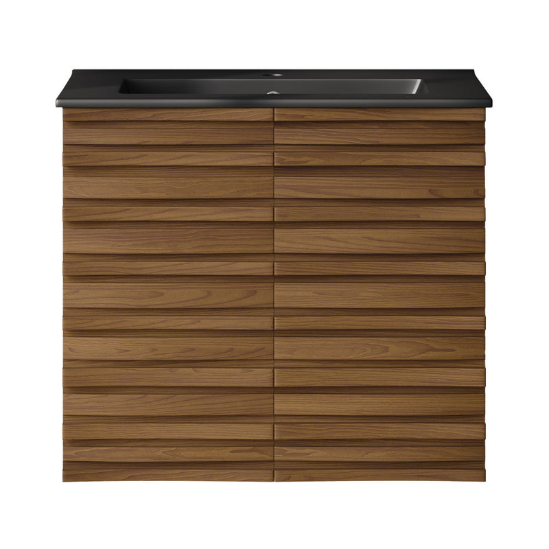 Cascade 24" Wall-Mounted Bathroom Vanity in Brown Oak with Black Sink Top