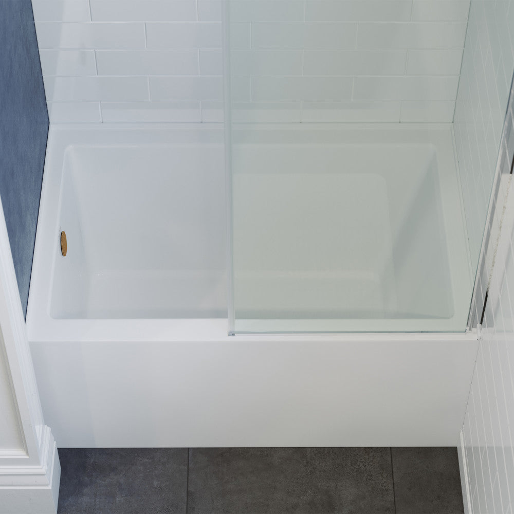 Alcove apron front bathtub 48 by 32 inch with left-hand drain and glass shower door panel.