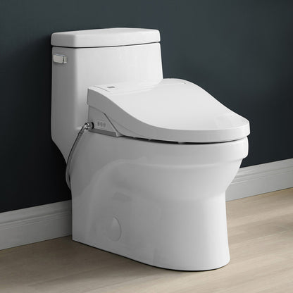 Elongated one-piece toilet with left side flush handle and Vivante smart seat, white porcelain.