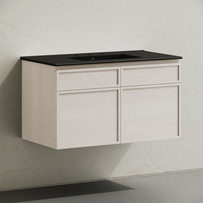 St. Tropez 36" Wall-Mounted Bathroom Vanity in White Oak with Black 3-Hole Widespread Sink Top